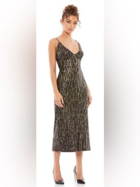 Mac Duggal 26447 Ieena Black Gold Sequin Midi Dress NWT Size 8